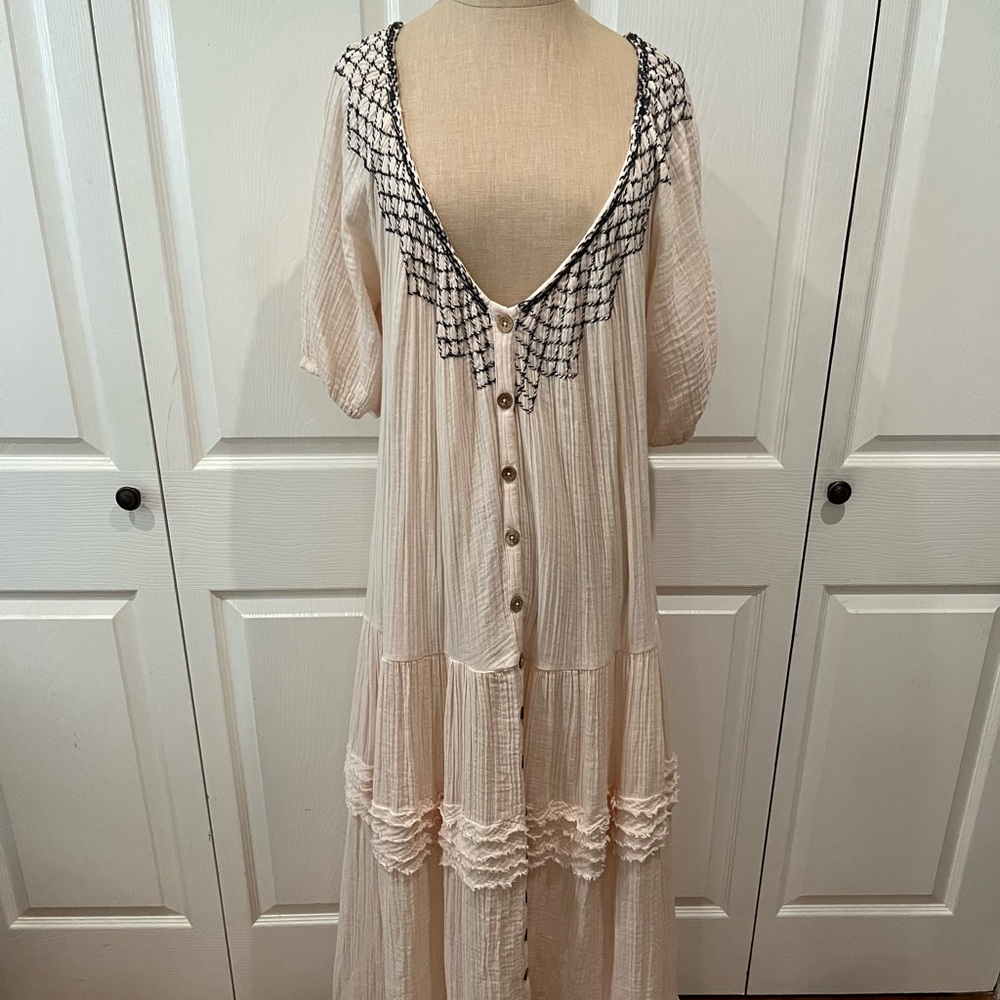 Free People Cream Gauze Button-Front Maxi Dress with Black Embroidered Yoke